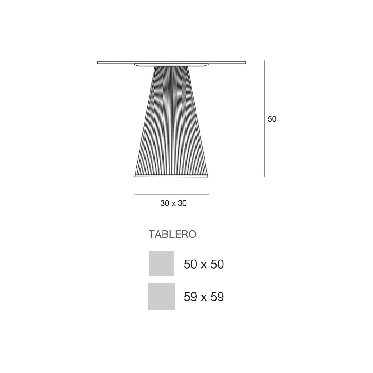 Plano con medidas de la mesa auxiliar Gatsby Vondom, cuadrada