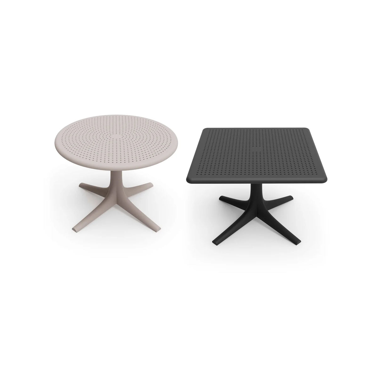 Tables basses Palm Vondom, une ronde taupe et une carrée noire