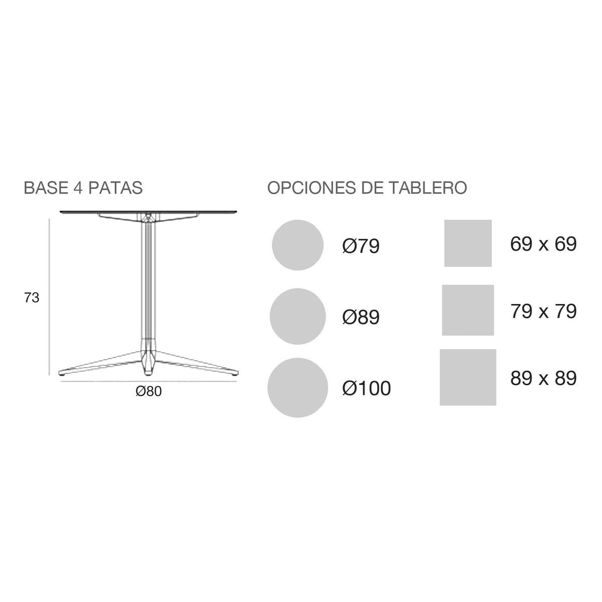 Plano con medidas de la mesa Faz Inox Vondom, redonda, 4 patas, tablero fijo