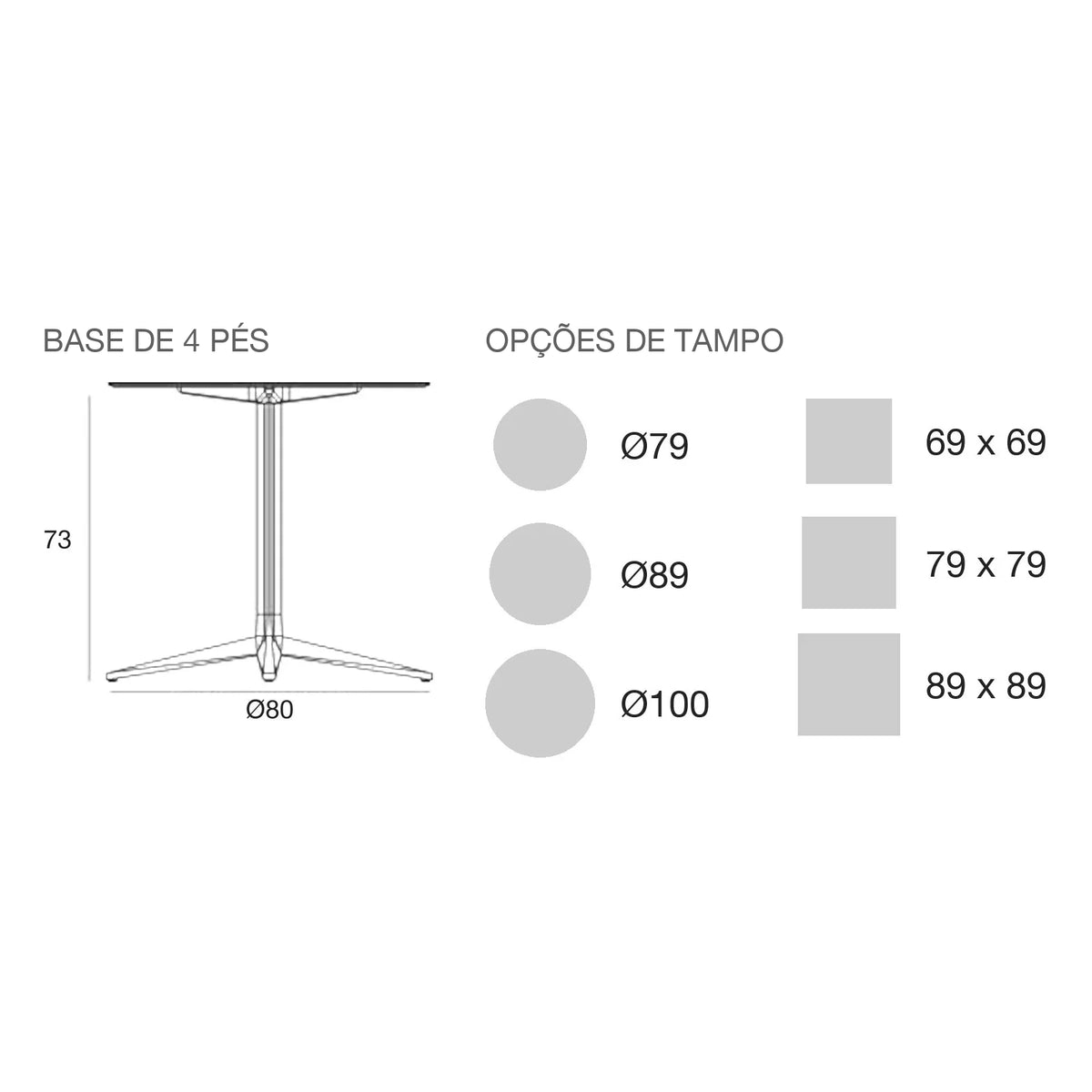 Desenho com medidas da mesa Faz Inox Vondom, redonda, 4 pés, tampo fixo