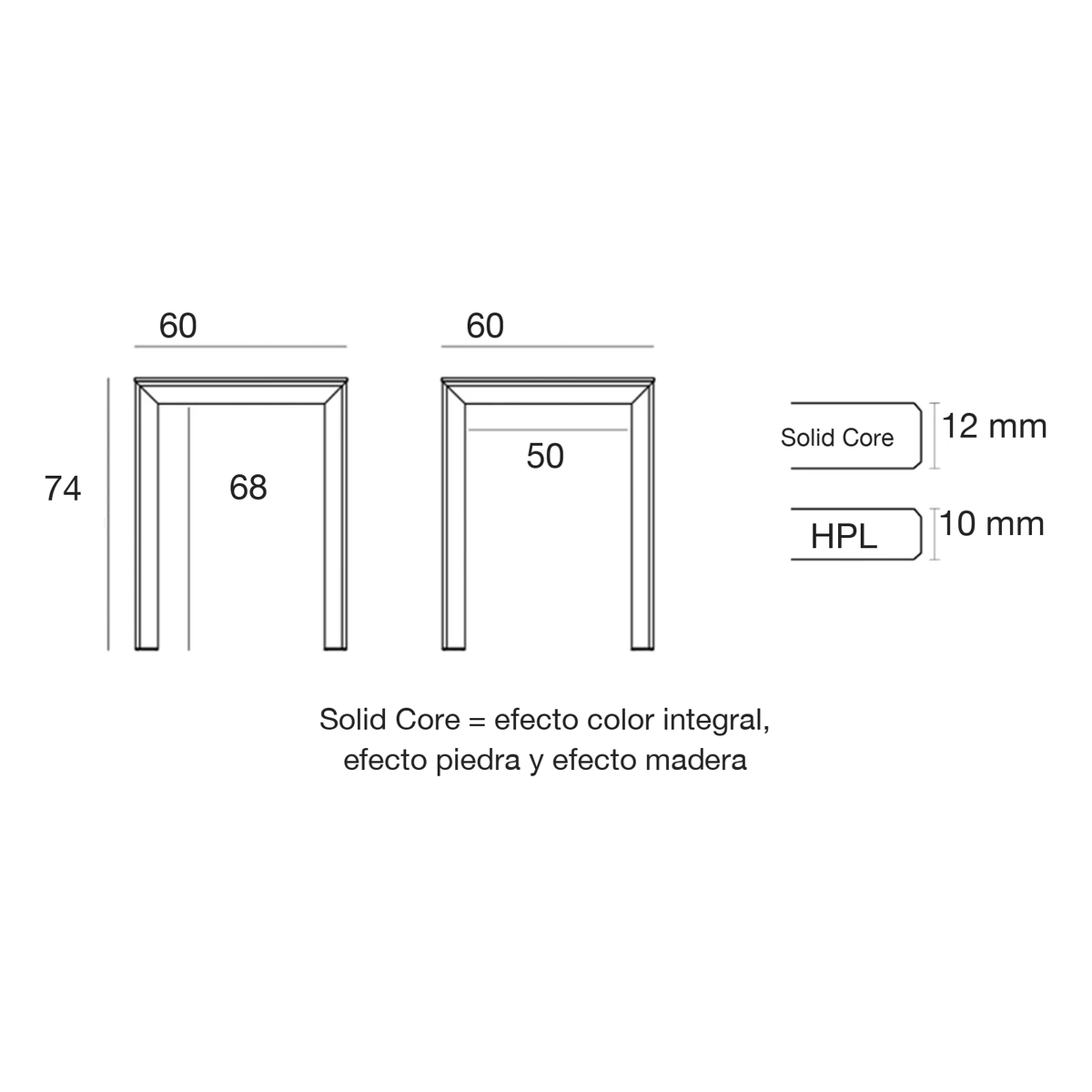 Plano con medidas de la mesa de jardín Frame Vondom, 60 × 60 × 74 cm