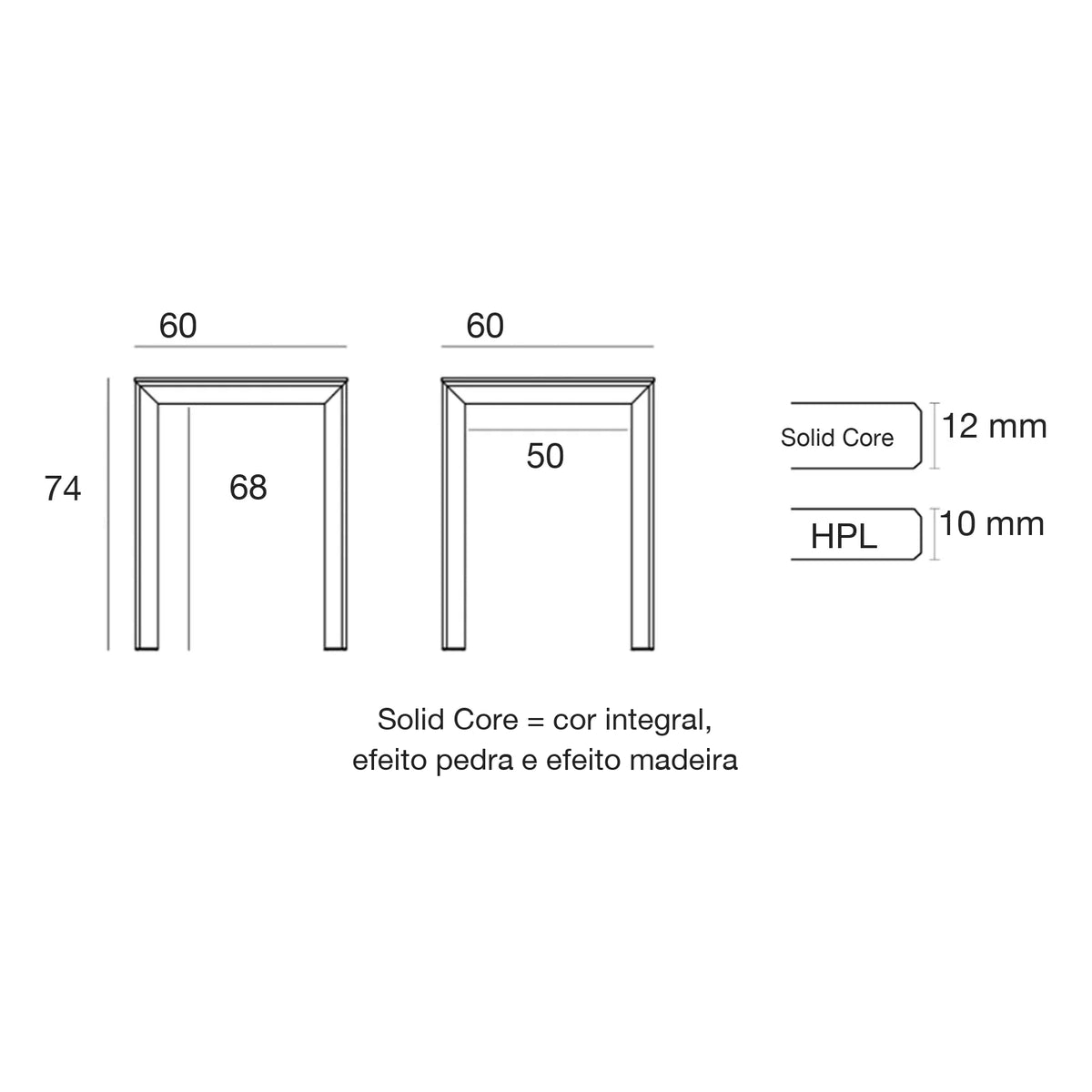 Desenho com medidas da mesa de jardim Frame Vondom, 60 × 60 × 74 cm