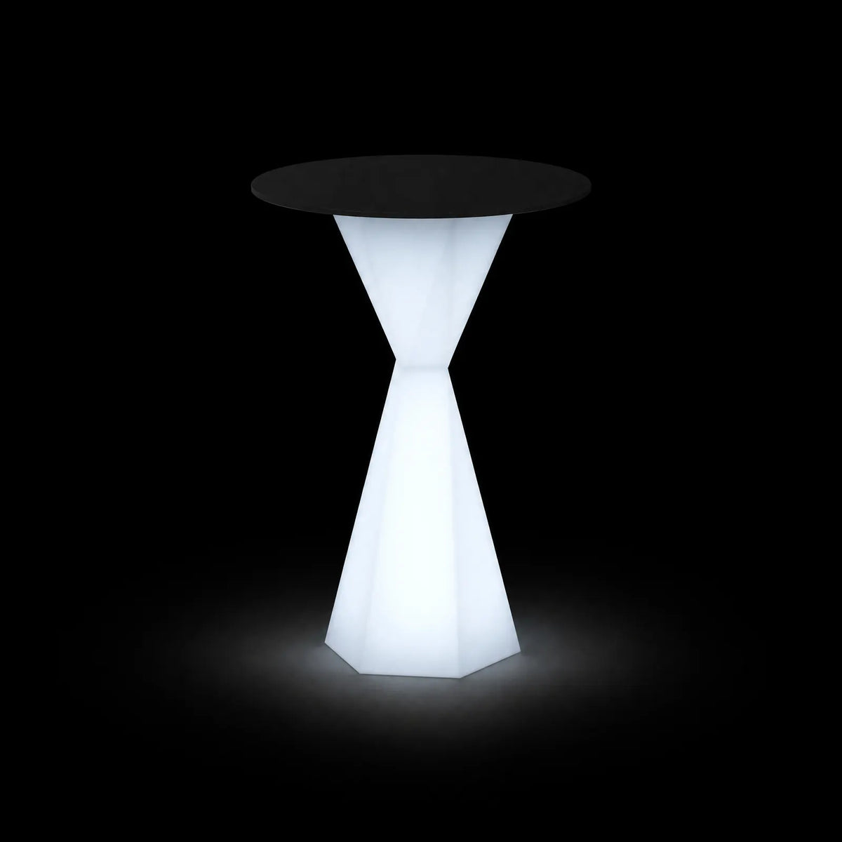 Table Vertex Ronde LED Vondom, éclairé de l'intérieur sur fond noir, taille Ø50x72 cm