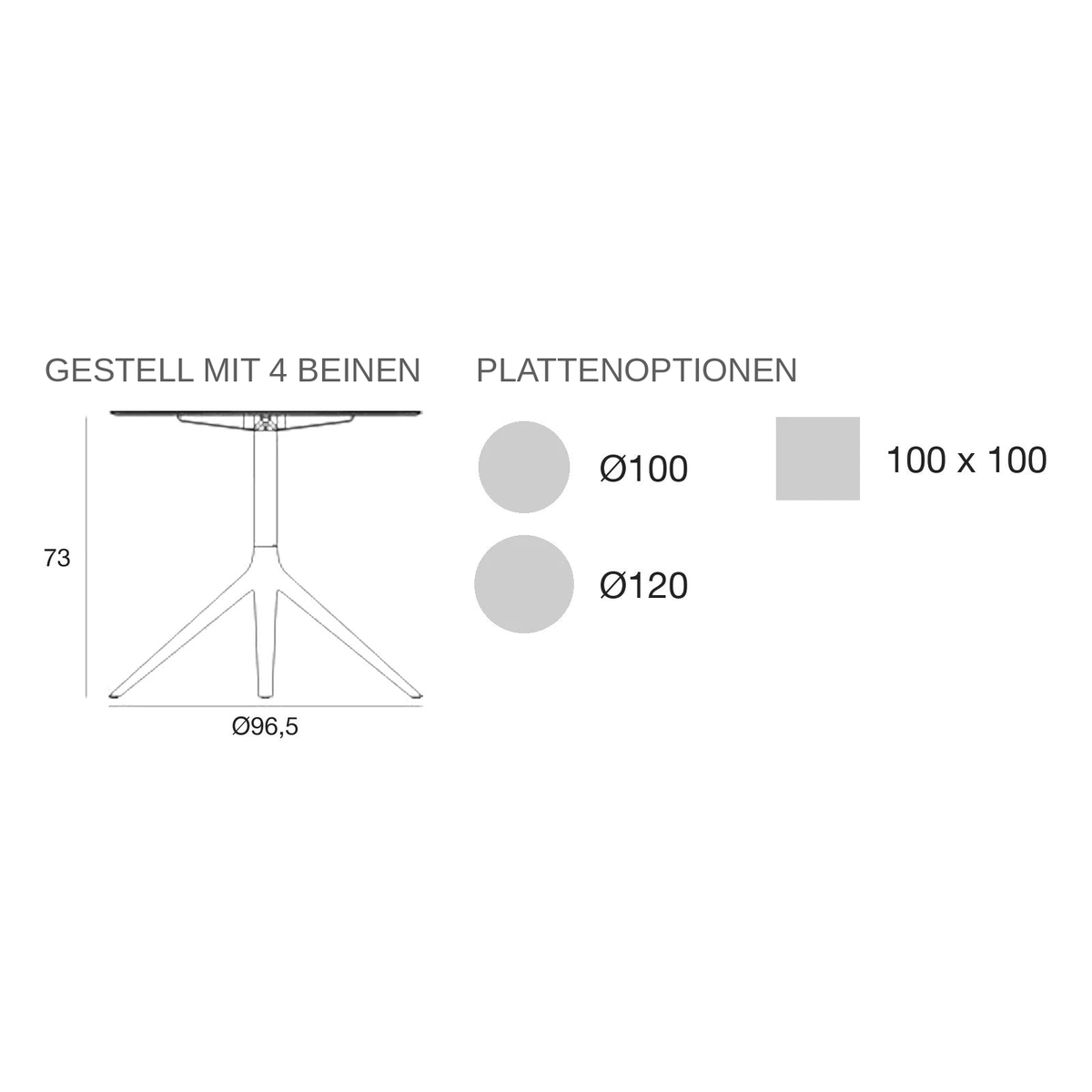Maßzeichnung Bistrotisch - Mari-Sol Quadratisch - 4 Beine Feste Platte