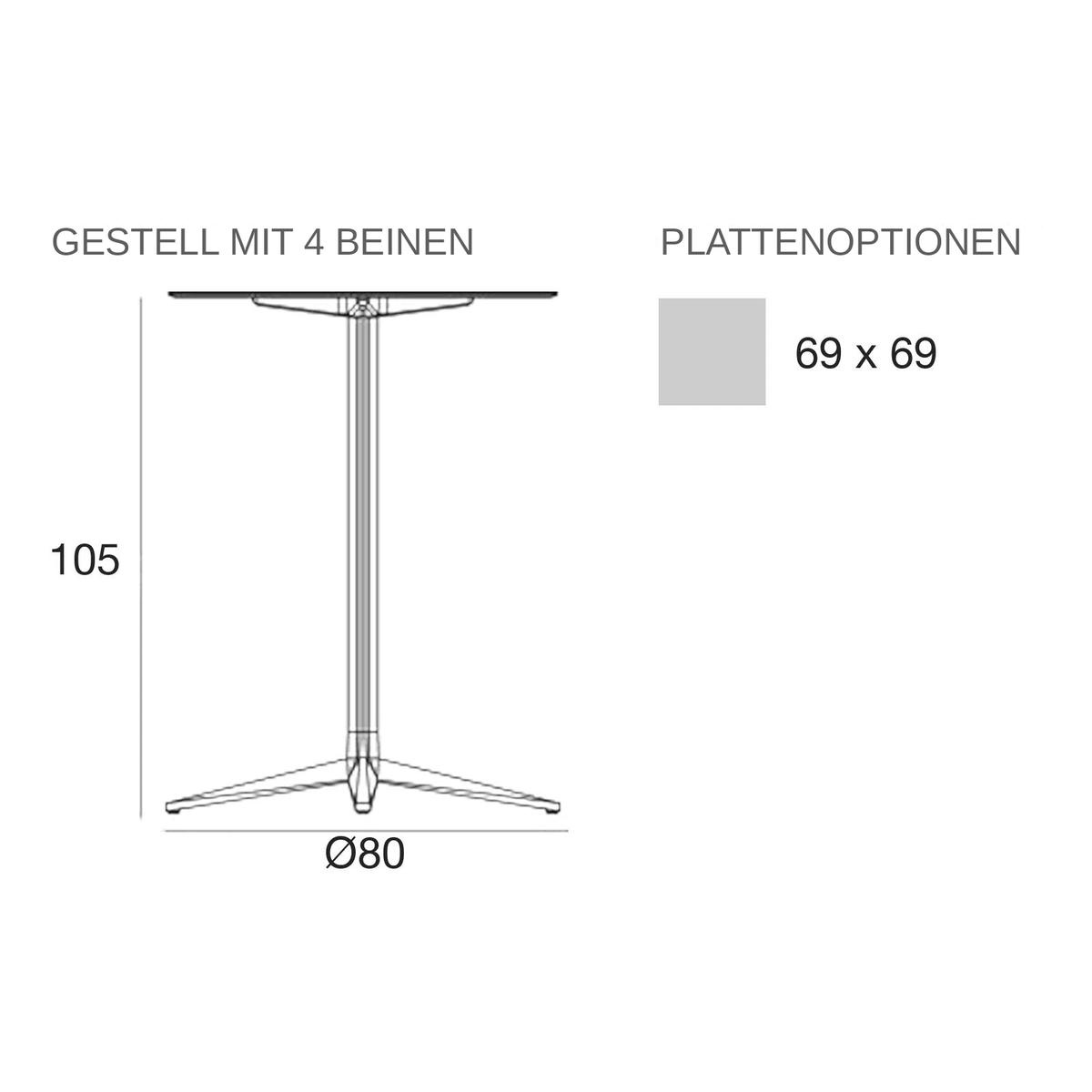 Maßzeichnung Stehtisch - Faz Inox Quadratisch - 4 Beine feste Platte