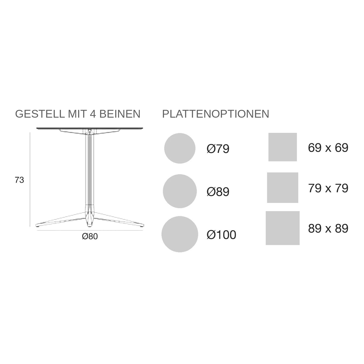 Maßzeichnung Bistrotisch - Faz Inox Quadratisch - 4 Beine feste Platte