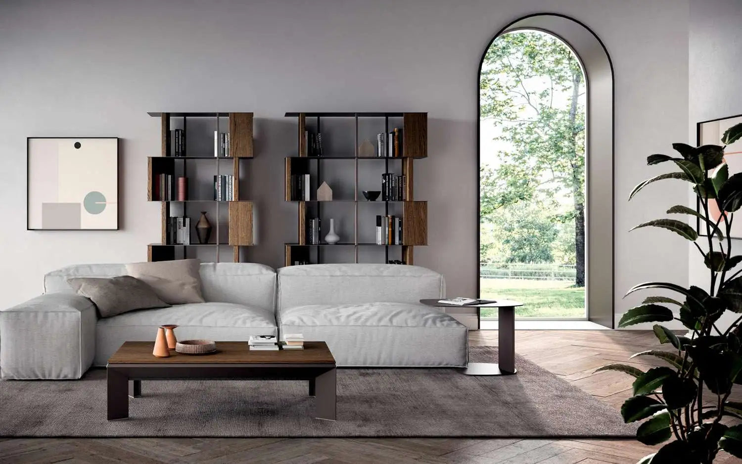 table basse modulable avec espace de rangement et plateaux relevables 