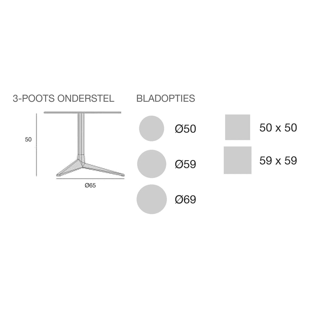 Maattekening Bijzettafel - FAZ Inox Vierkant 3-poots met vast blad