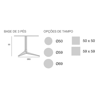 Desenho com medidas da mesa de apoio FAZ Inox Vondom, quadrada