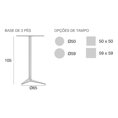 Desenho com medidas da mesa alta Faz Inox Vondom, redonda