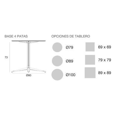 Plano con medidas de la mesa Faz Inox Vondom, cuadrada, 4 patas, tablero fijo
