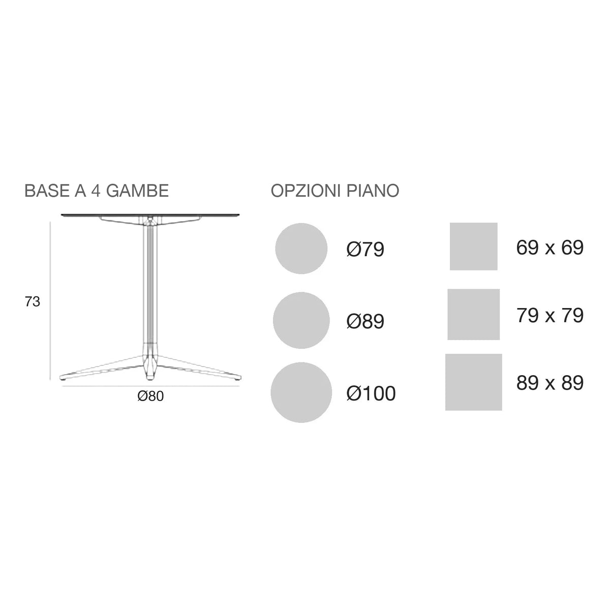 Disegno quotato del tavolo Faz Inox Vondom, quadrato, 4 gambe, piano fisso
