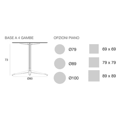 Disegno quotato del tavolo Faz Inox Vondom, quadrato, 4 gambe, piano fisso