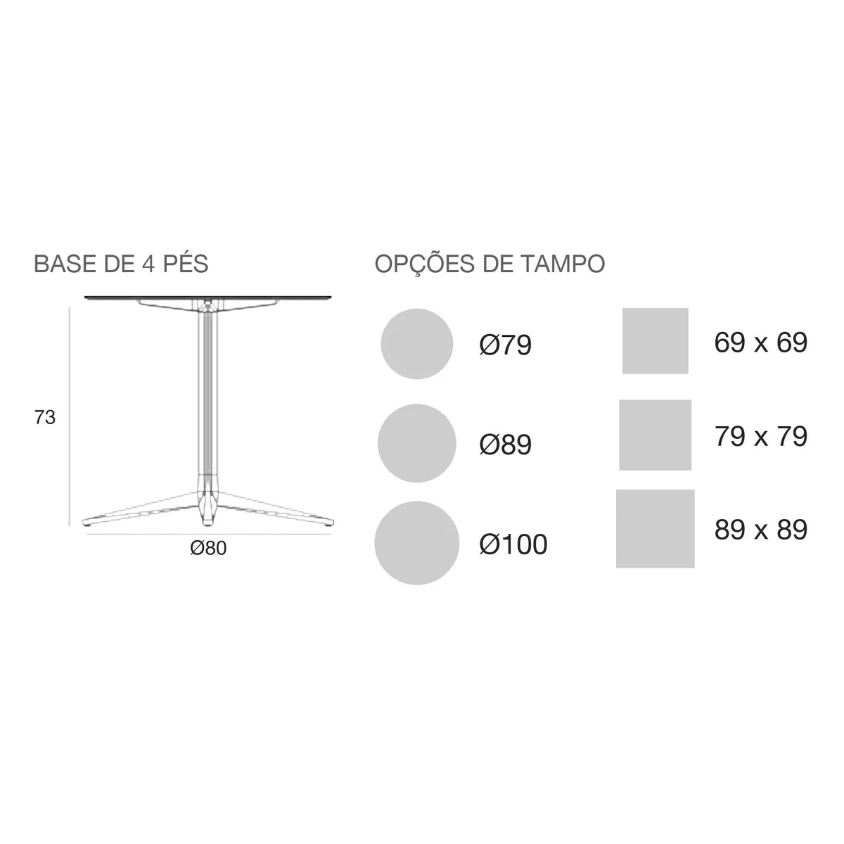 Desenho com medidas da mesa Faz Inox Vondom, quadrada, 4 pés, tampo fixo