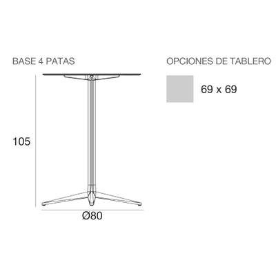 Plano con medidas de la mesa alta Faz Inox Vondom, cuadrada, 4 patas, tablero fijo