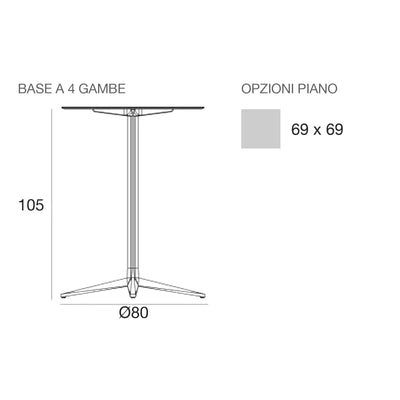Disegno quotato del tavolo alto Faz Inox Vondom, quadrato, 4 gambe, piano fisso
