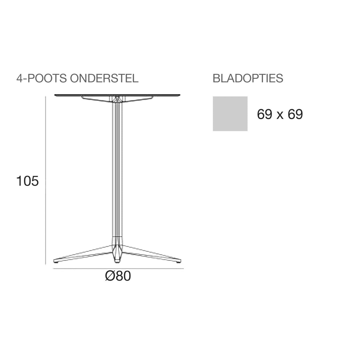 Maattekening Statafel - Faz Inox Vierkant - 4 poten vast blad
