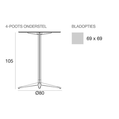 Maattekening Statafel - Faz Inox Vierkant - 4 poten vast blad