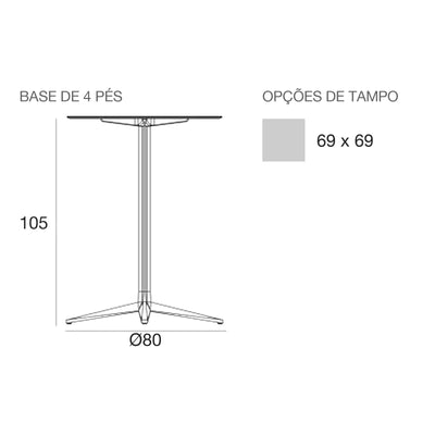 Desenho com medidas da mesa alta Faz Inox Vondom, quadrada, 4 pés, tampo fixo