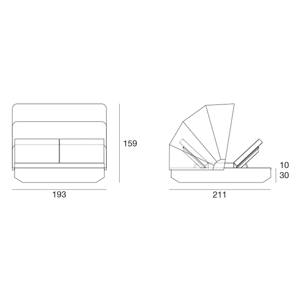 Schéma de dimensions Daybed Vela inclinable 4 dossiers avec auvent