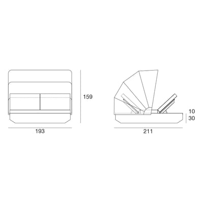 Schéma de dimensions Daybed Vela inclinable 4 dossiers avec auvent
