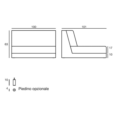 Disegno quotato del modulo centrale del divano modulare Pixel Vondom, 100 × 101 × 63 cm, piedino opzionale