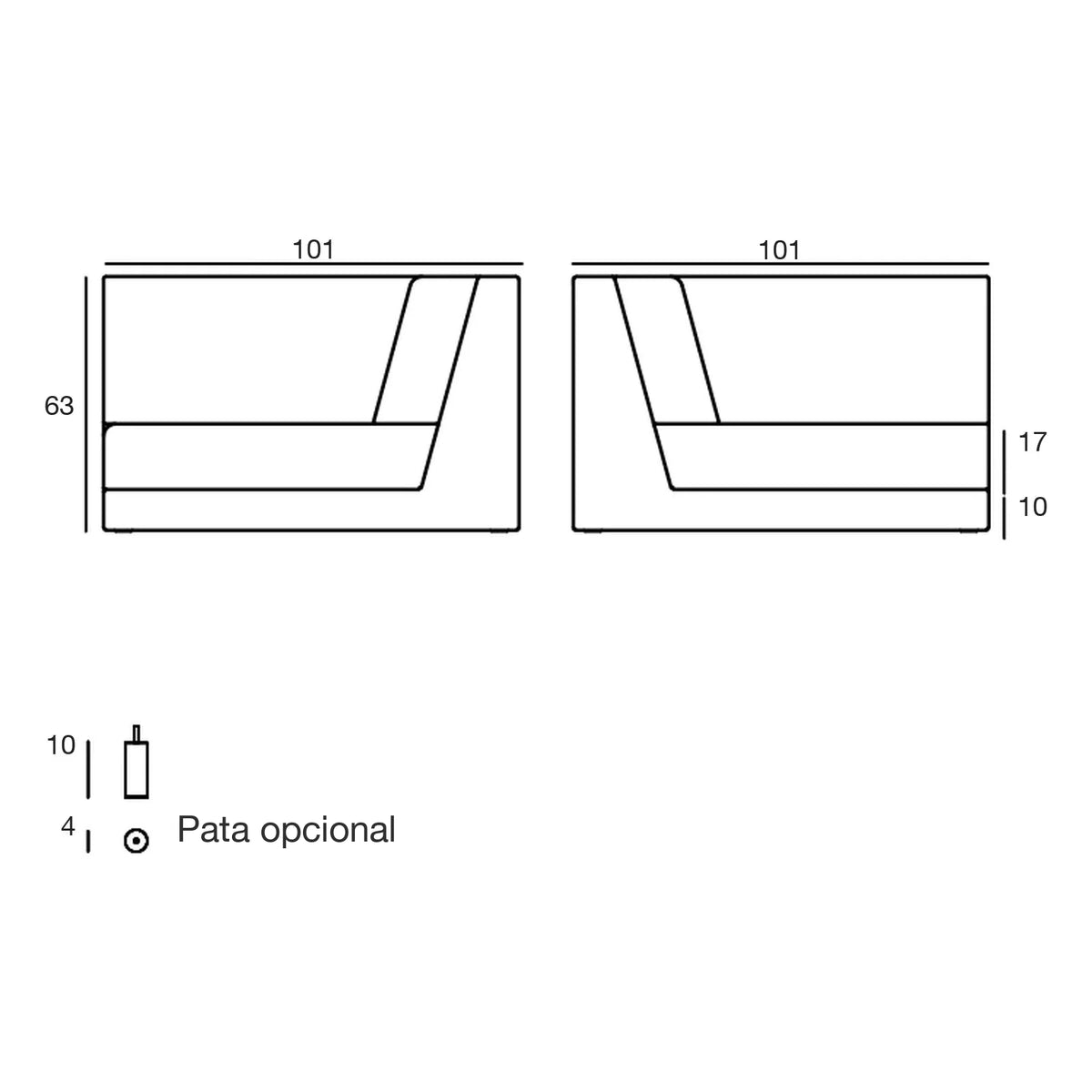 Plano con medidas del módulo derecho del sofá modular Pixel Vondom, 101 × 101 × 63 cm, pata opcional