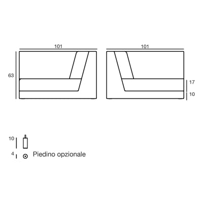 Disegno quotato del modulo destro del divano modulare Pixel Vondom, 101 × 101 × 63 cm, piedino opzionale