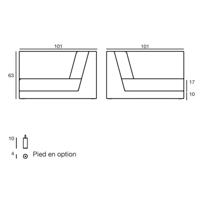 Plan coté du module coin droit du canapé modulable Pixel, 101 × 101 × 63 cm