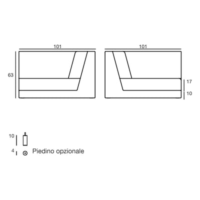 Disegno quotato del modulo sinistro del divano modulare Pixel Vondom, 101 × 101 × 63 cm, piedino opzionale