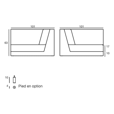 Plan coté du module gauche du canapé modulable Pixel, 101 × 101 × 63 cm