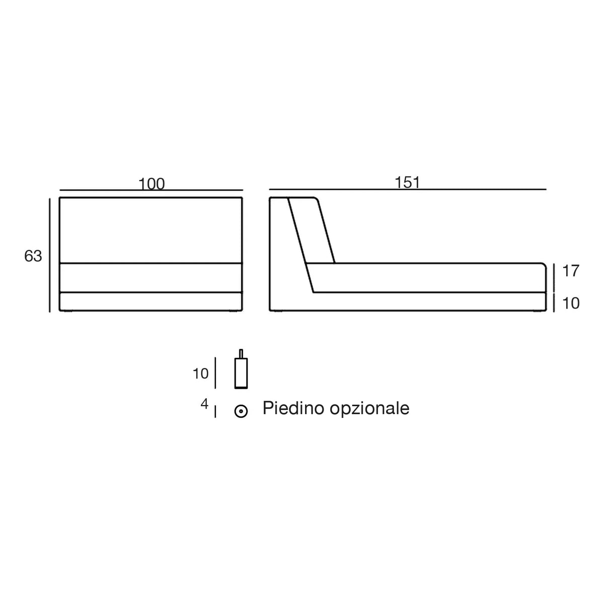Disegno quotato della chaise longue del divano modulare Pixel Vondom, piedino opzionale