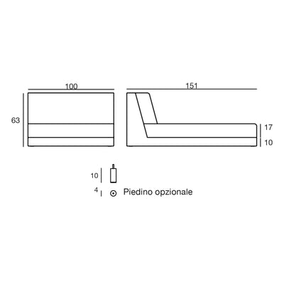 Disegno quotato della chaise longue del divano modulare Pixel Vondom, piedino opzionale