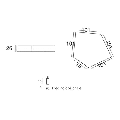 Disegno quotato del cuscino divisorio del divano modulare Pixel Vondom, piedino opzionale