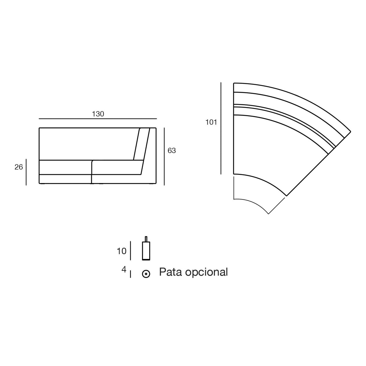 Plano con medidas del módulo esquinero curvo del sofá modular Pixel Vondom, pata opcional