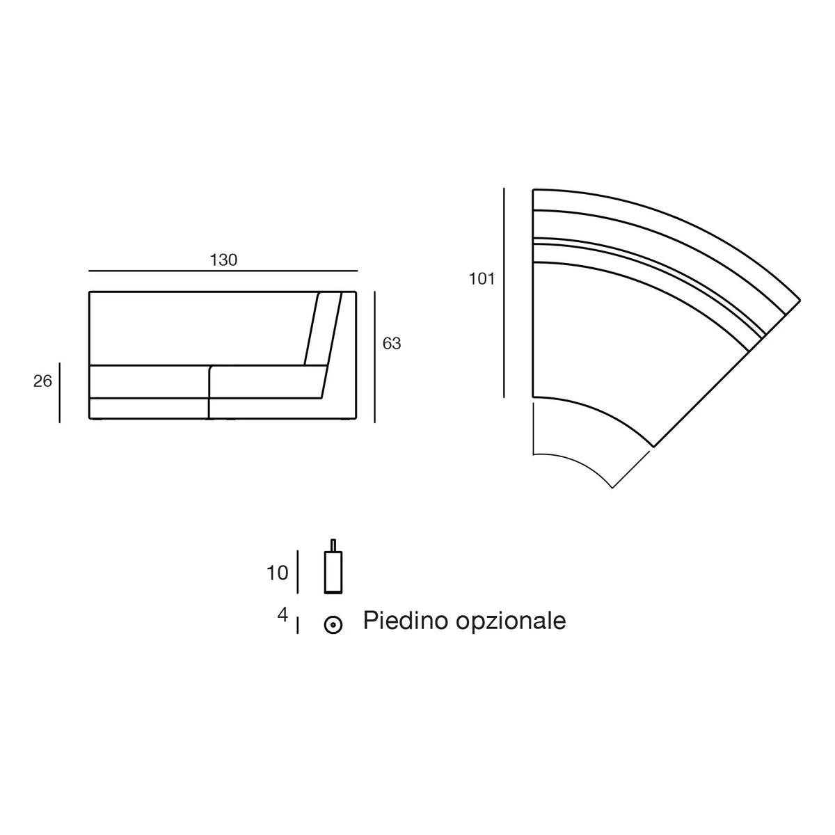 Disegno quotato del modulo angolare curvo del divano modulare Pixel Vondom, piedino opzionale
