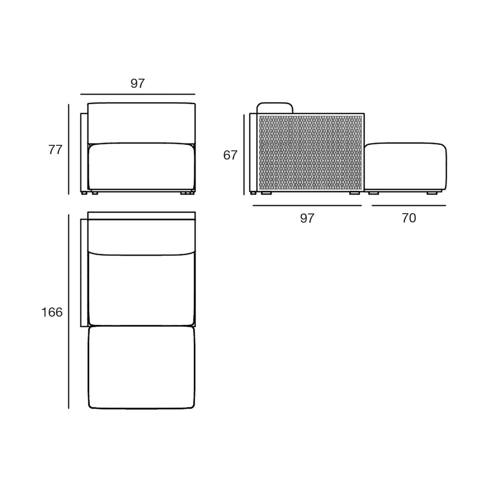 Dimensions diagram, The Factory - Right Chaise Longue Module