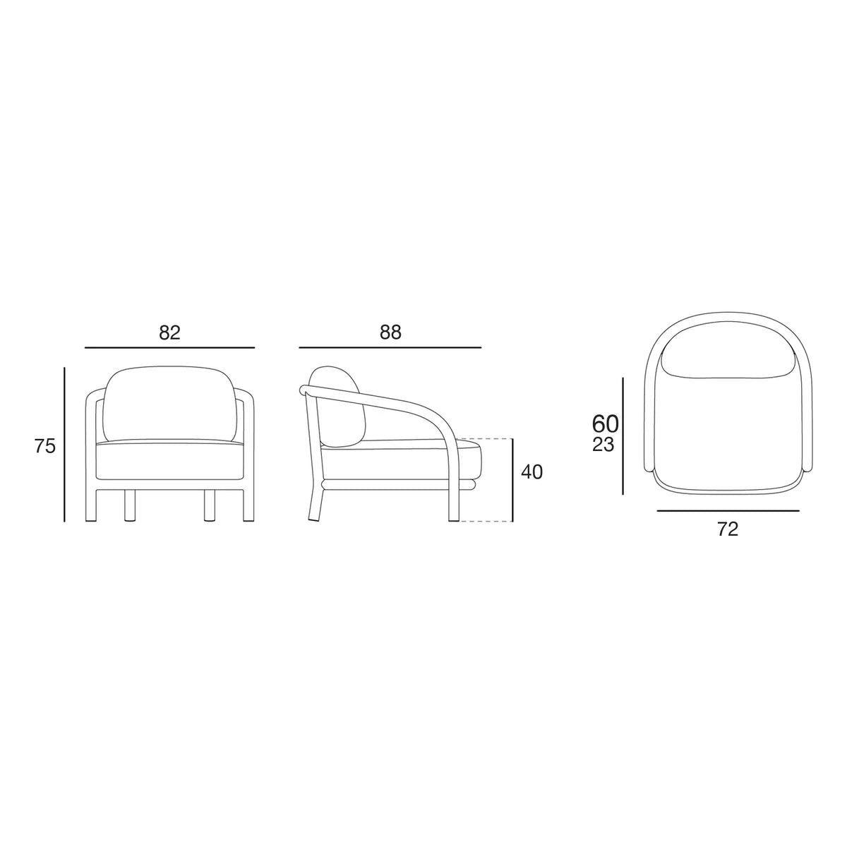 Fauteuil Gum Vondom, schéma des dimensions