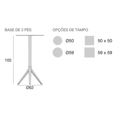 Desenho com medidas da mesa alta Mari-Sol Vondom