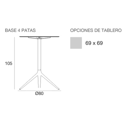 Plano con medidas de la mesa alta Mari-Sol Vondom, cuadrada, 4 patas, tablero fijo