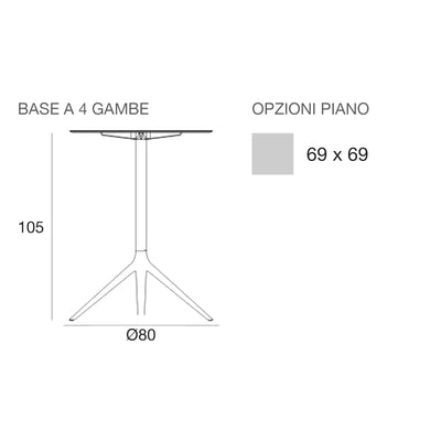 Disegno quotato del tavolo alto Mari-Sol Vondom, quadrato, 4 gambe, piano fisso
