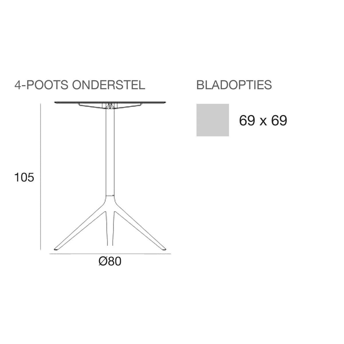 Maattekening Statafel - Mari-Sol Vierkant - 4 poten vast blad