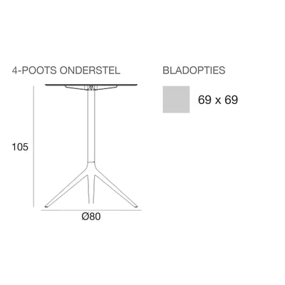 Maattekening Statafel - Mari-Sol Vierkant - 4 poten vast blad
