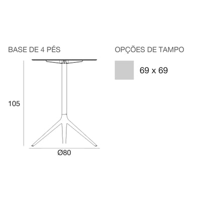Desenho com medidas da mesa alta Mari-Sol Vondom, quadrada, 4 pés, tampo fixo