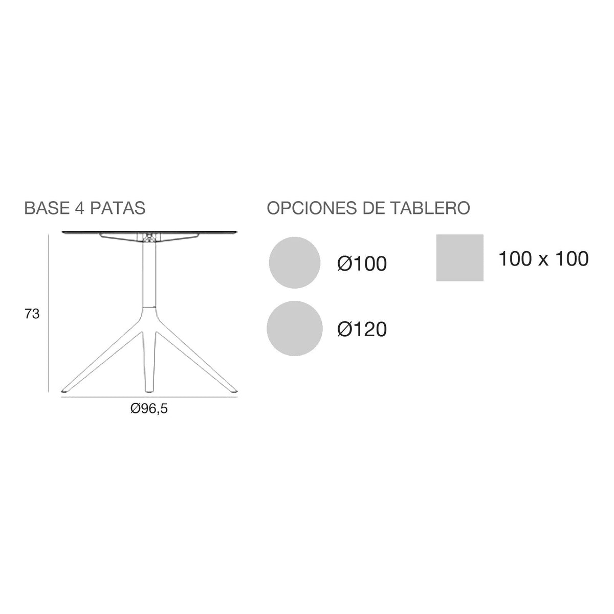 Plano con medidas de la mesa Mari-Sol Vondom, 4 patas, tablero fijo