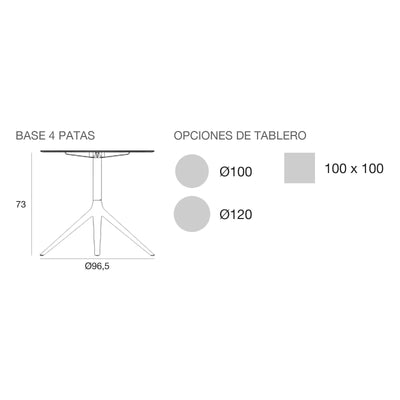 Plano con medidas de la mesa Mari-Sol Vondom, 4 patas, tablero fijo