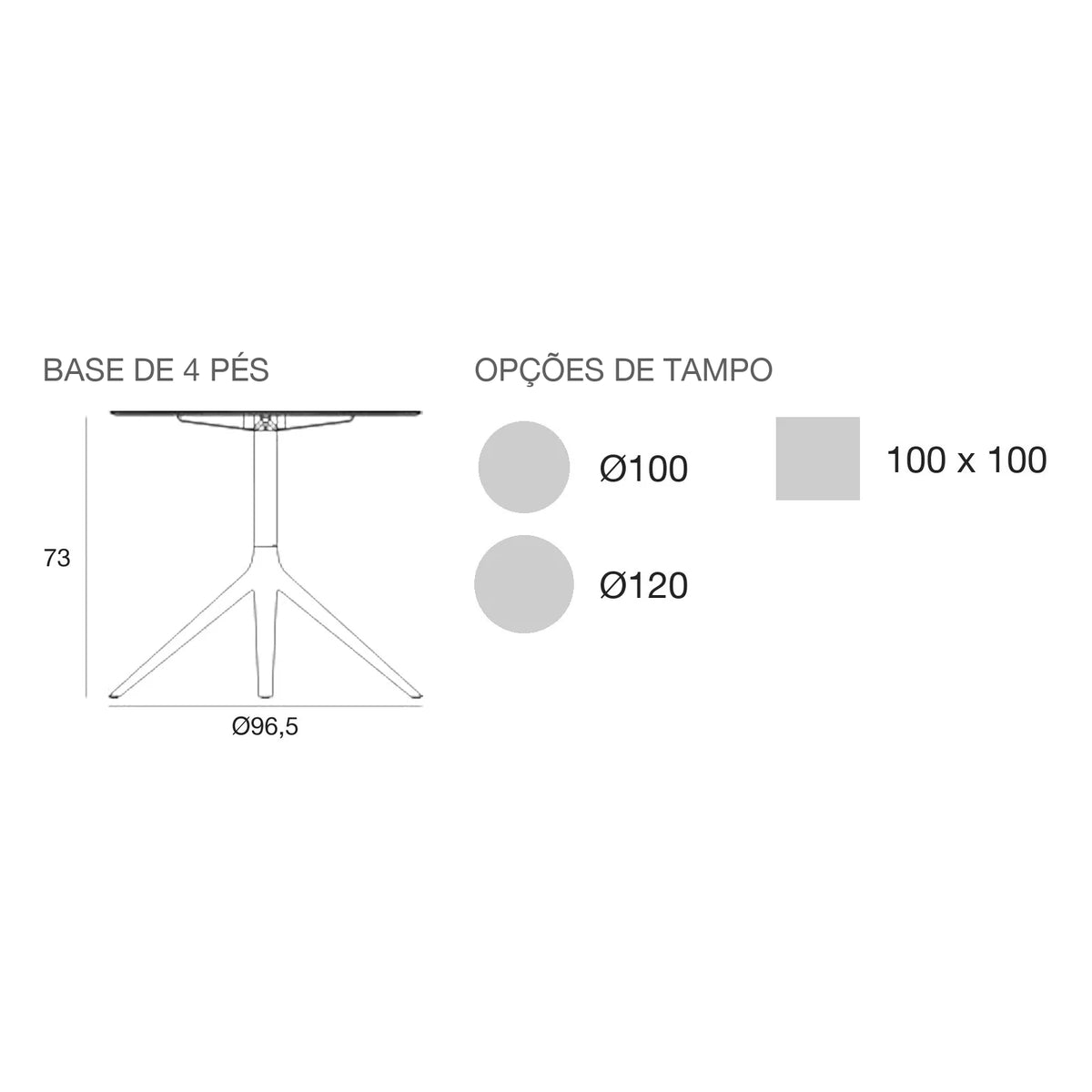 Desenho com medidas da mesa Mari-Sol Vondom, 4 pés, tampo fixo