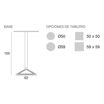 Plano con medidas de la mesa alta Delta Vondom