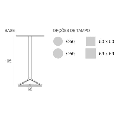 Desenho com medidas da mesa alta Delta Vondom