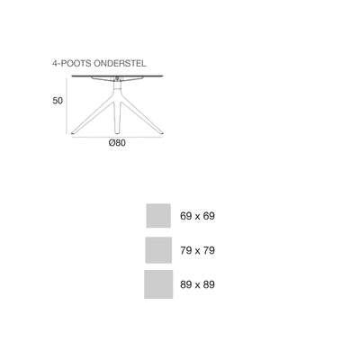Maattekening Bijzettafel - Mari-Sol Vierkant 4-poots met vast blad